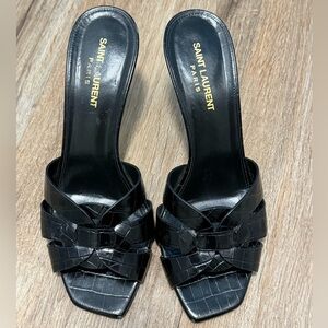 Saint Laurent Black Croc Embossed Leather Tribute Slide Sandals Size 39.5